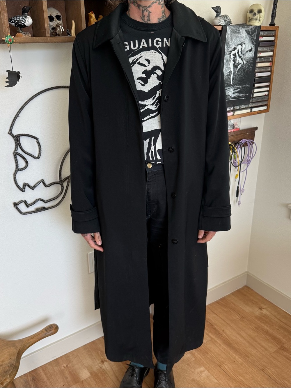 Vintage 90s 2000s Black Lined Hooded Trench Coat with Belt ~ Size Medium